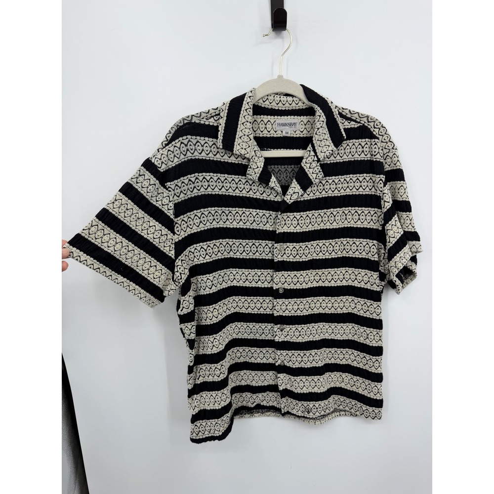 Hawks bay Knit Button Down Shirt Mens Size‎ M Black Cream Striped Textured Boho